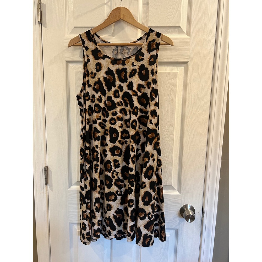 Terra & Sky Womens 0X 14W Leopard Print Sleeveless Swing Dress Brown Black TS321